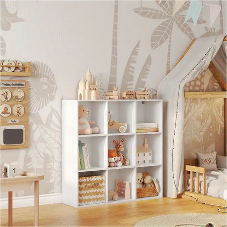 BukkitBow open boekenkast met 9 vakken, hout/melamine fineer, achterwand, ruimtebesparend en stabiel, afmetingen 94x93x29,5 cm.