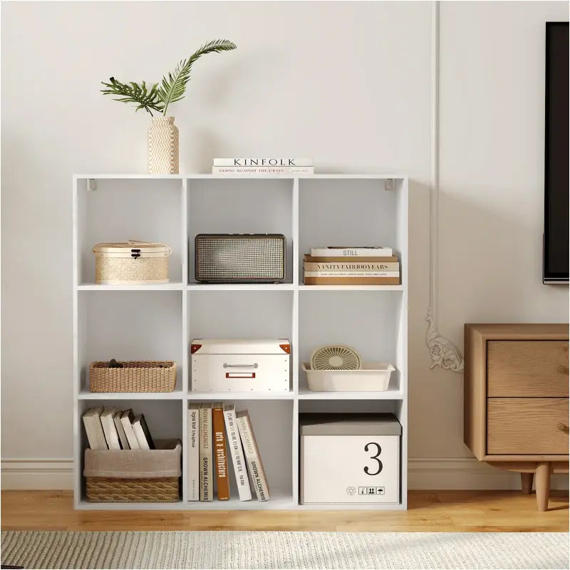 BukkitBow open boekenkast met 9 vakken van hout en melamine fineer, achterwand, ruimtebesparend en stabiel, afmetingen 94x93x29,5 cm