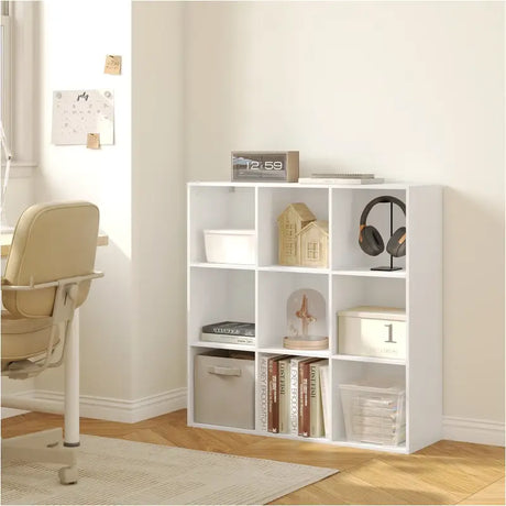 BukkitBow open boekenkast met 9 vakken, houten en melamine fineer, achterwand, ruimtebesparend en stabiel, afmetingen 94x93x29,5 cm