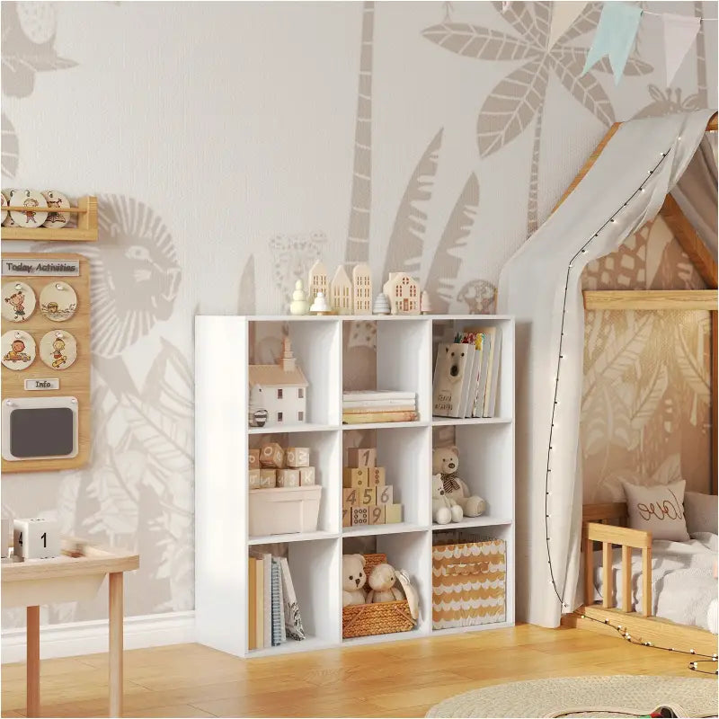 BukkitBow open boekenkast met 9 vakken, hout en melamine fineer, ruimtebesparend en stabiel, 94x93x29,5 cm, zichtbare vakken.