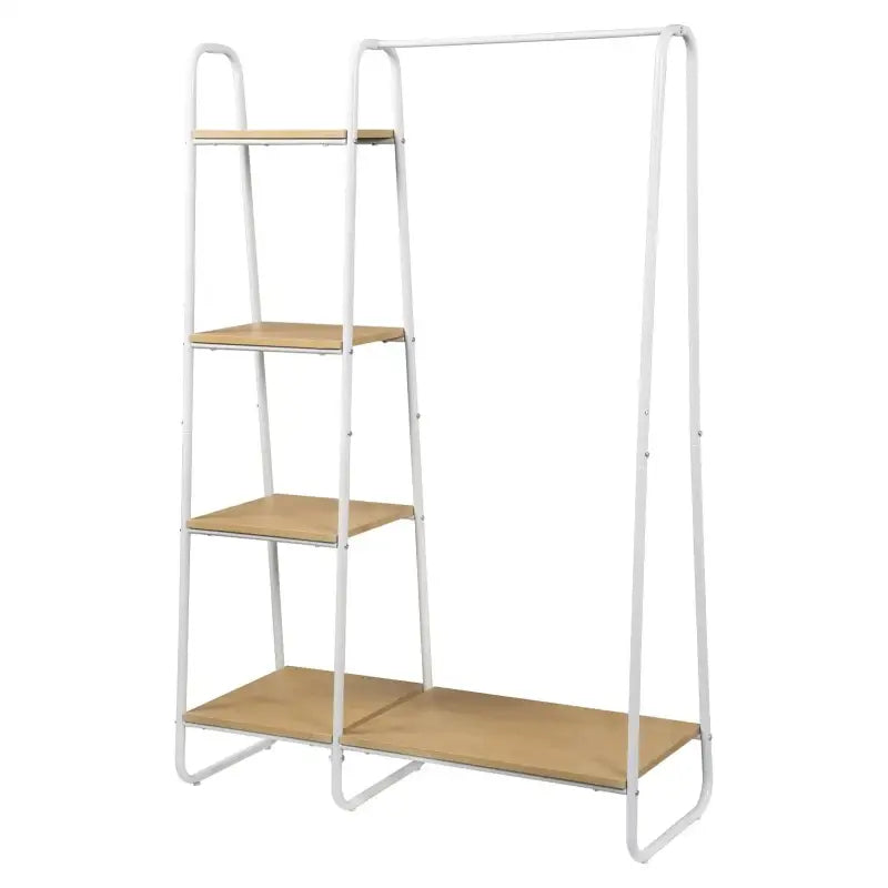 BukkitBow open kledingrek met opbergruimte, ideaal als garderobekast en schoenenrek, in een moderne woonruimte.