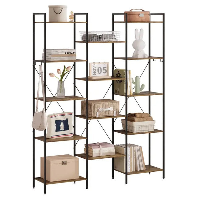 BukkitBow open opbergrek en boekenplank van stevig hout en metaal, industrieel ontwerp, afmetingen 134,5x176,5x30cm.