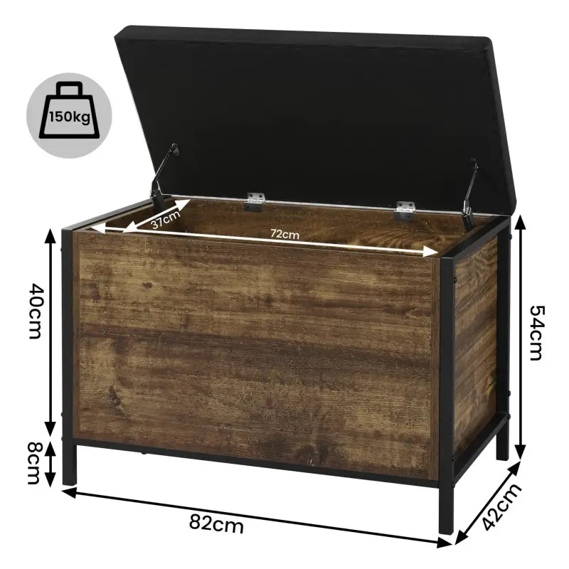 BukkitBow opbergrek met zitkussen, vintage houten uitstraling, sterke constructie, verborgen opbergruimte en veiligheidsscharnieren.