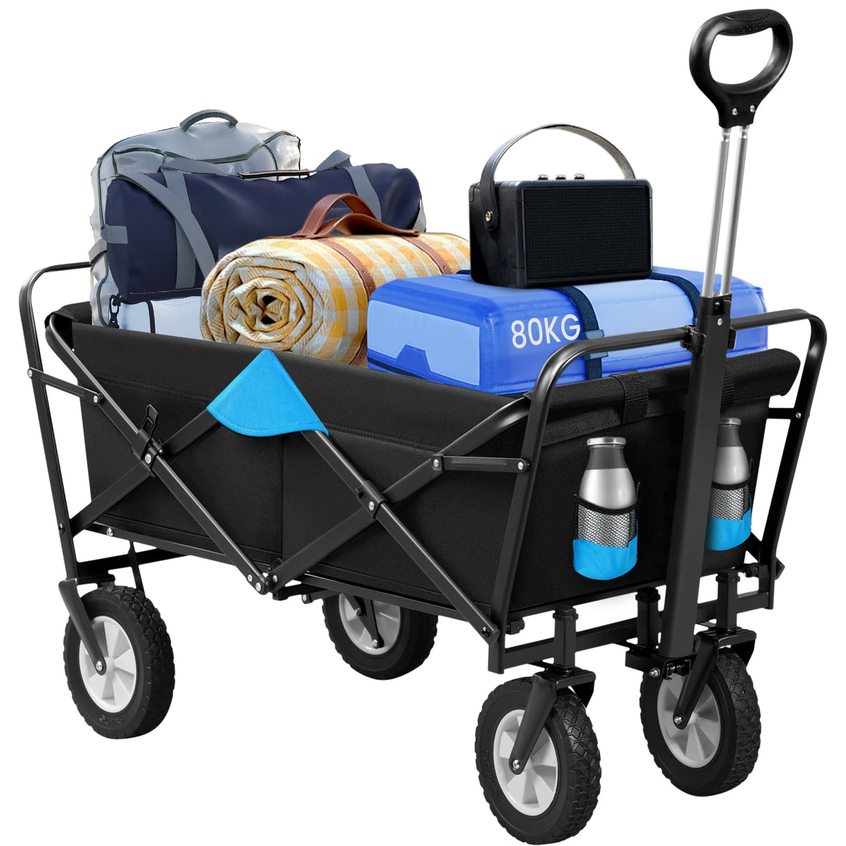 BukkitBow opvouwbare bolderkar met 4 wielen en telescopische handgreep, geschikt voor camping en tuin, draagkracht 80 kg.
