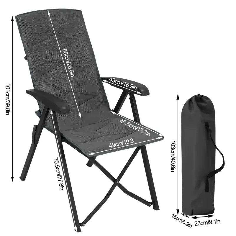 BukkitBow opvouwbare campingstoel met mesh stof, metalen frame en verstelbare rugleuning, draagvermogen van 150 kg.