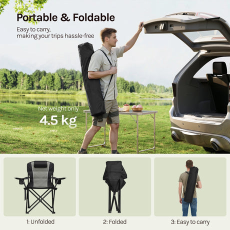 BukkitBow opvouwbare campingstoel met hoge rugleuning, koelvak en draagriem voor comfortabel buitengebruik