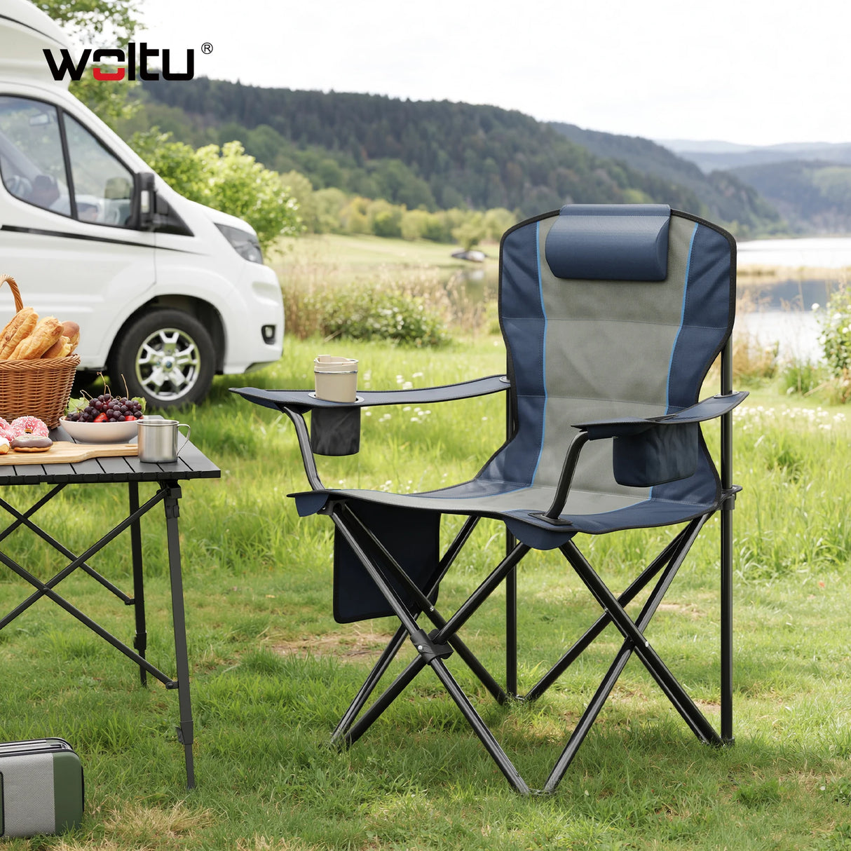 BukkitBow opvouwbare campingstoel met hoge rugleuning en koelvak, ideaal voor buiten kamperen en ontspanning.