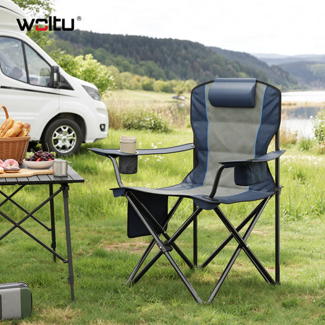 BukkitBow opvouwbare campingstoel met hoge rugleuning en koelvak, ideaal voor buiten kamperen en ontspanning.