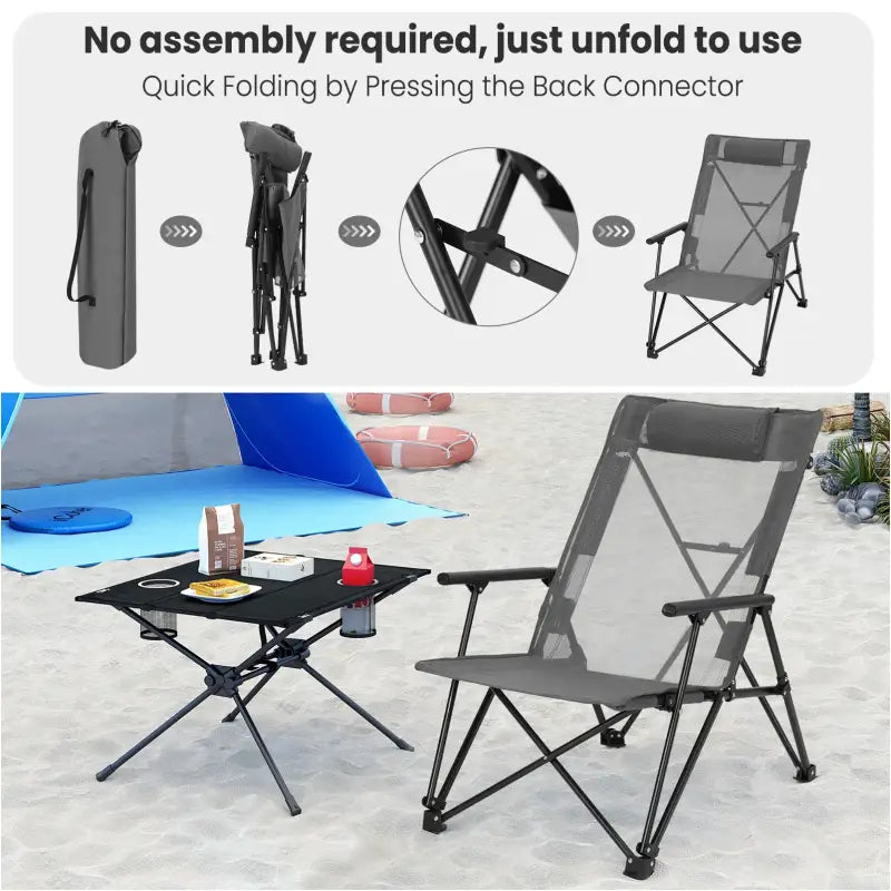 BukkitBow opvouwbare campingstoel met hoge rugleuning, metalen frame en polyester zitting, draagbaar tot 150 kg.