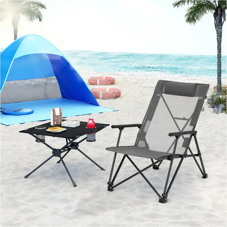BukkitBow opvouwbare campingstoel met hoge rugleuning, metalen frame en polyester zitting, draagbaar tot 150 kg.