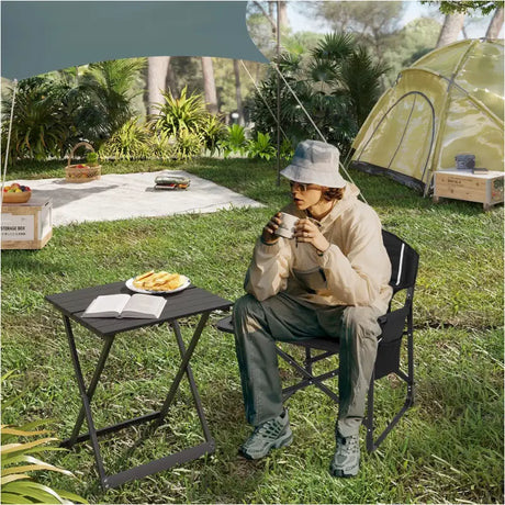 BukkitBow opvouwbare campingstoel met versterkt aluminium frame, oxford stof, inklapbaar tafeltje en bekerhouder, tot 150 kg draagkracht.