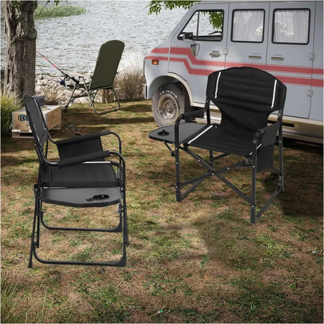BukkitBow opvouwbare campingstoel met versterkt aluminium frame, Oxford stof, inklapbaar tafeltje en bekerhouder, tot 150 kg draagvermogen