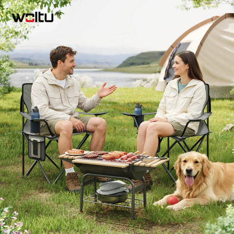 Set van 2 opvouwbare BukkitBow campingstoelen met bekerhouder en draagtas, lichtgewicht en ideaal voor kampeeractiviteiten.