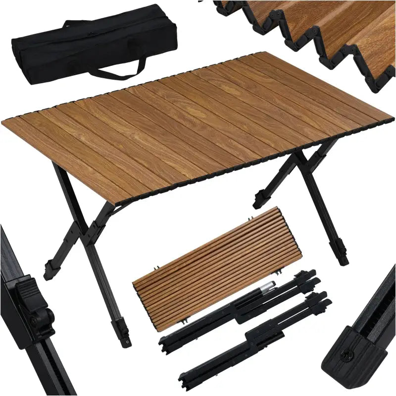 BukkitBow opvouwbare campingtafel van aluminium en kunststof, houtlook, verstelbare hoogte, 50 kg draagvermogen, ideale campingtafel