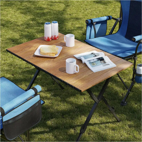 BukkitBow opvouwbare campingtafel met aluminium en kunststof, verstelbare hoogte, houtlook, draagvermogen tot 50 kg, geschikt voor kamperen