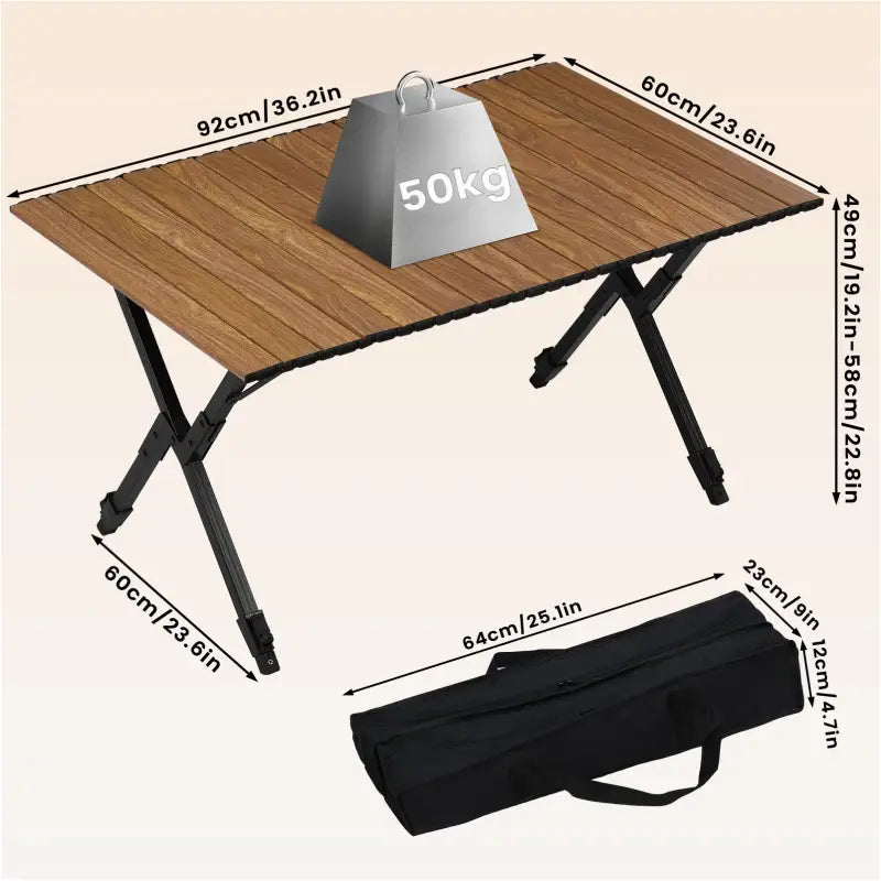 BukkitBow opvouwbare campingtafel met aluminium en kunststof, verstelbare hoogte, houtlook, geschikt voor 50 kg draagvermogen.