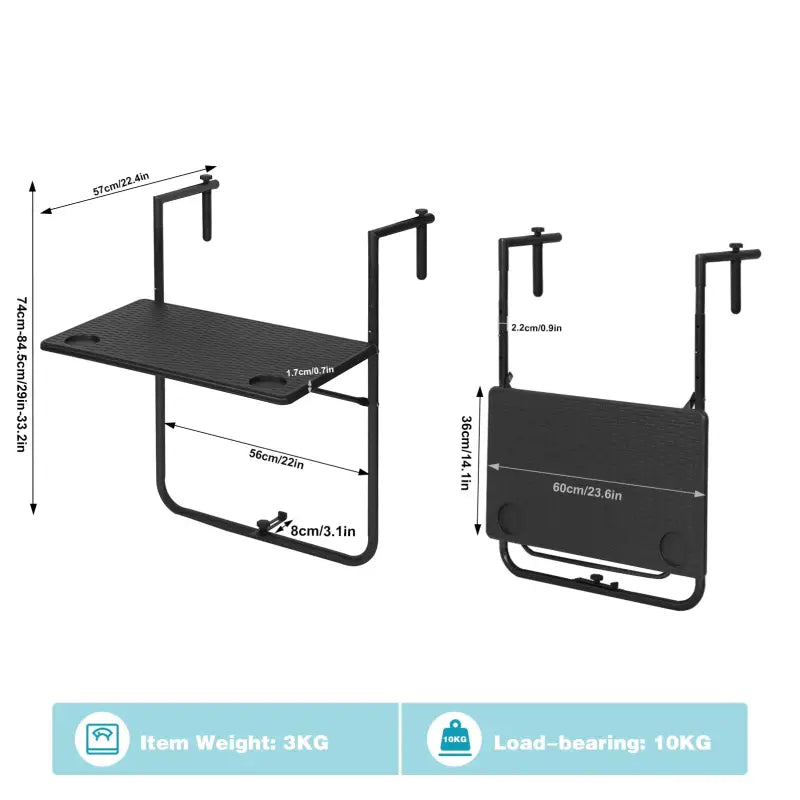 BukkitBow opvouwbare hangende campingtafel van PE en metaal, verstelbaar, ruimtebesparend design, 60x74-84,5x57cm