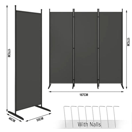 Opvouwbare BukkitBow kamerscherm met 4 panelen in donkergrijs, 167x177cm of 223x177cm, gebruikt als kamerdeel of privacyscheiding.