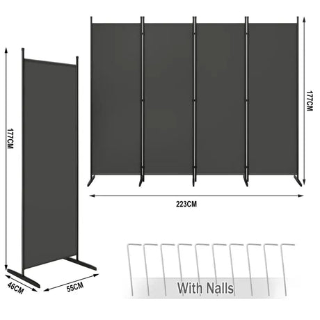 BukkitBow opvouwbare kamerscherm met 4 panelen in donkergrijs, 167x177cm of 223x177cm, voor privacy en scheiding.
