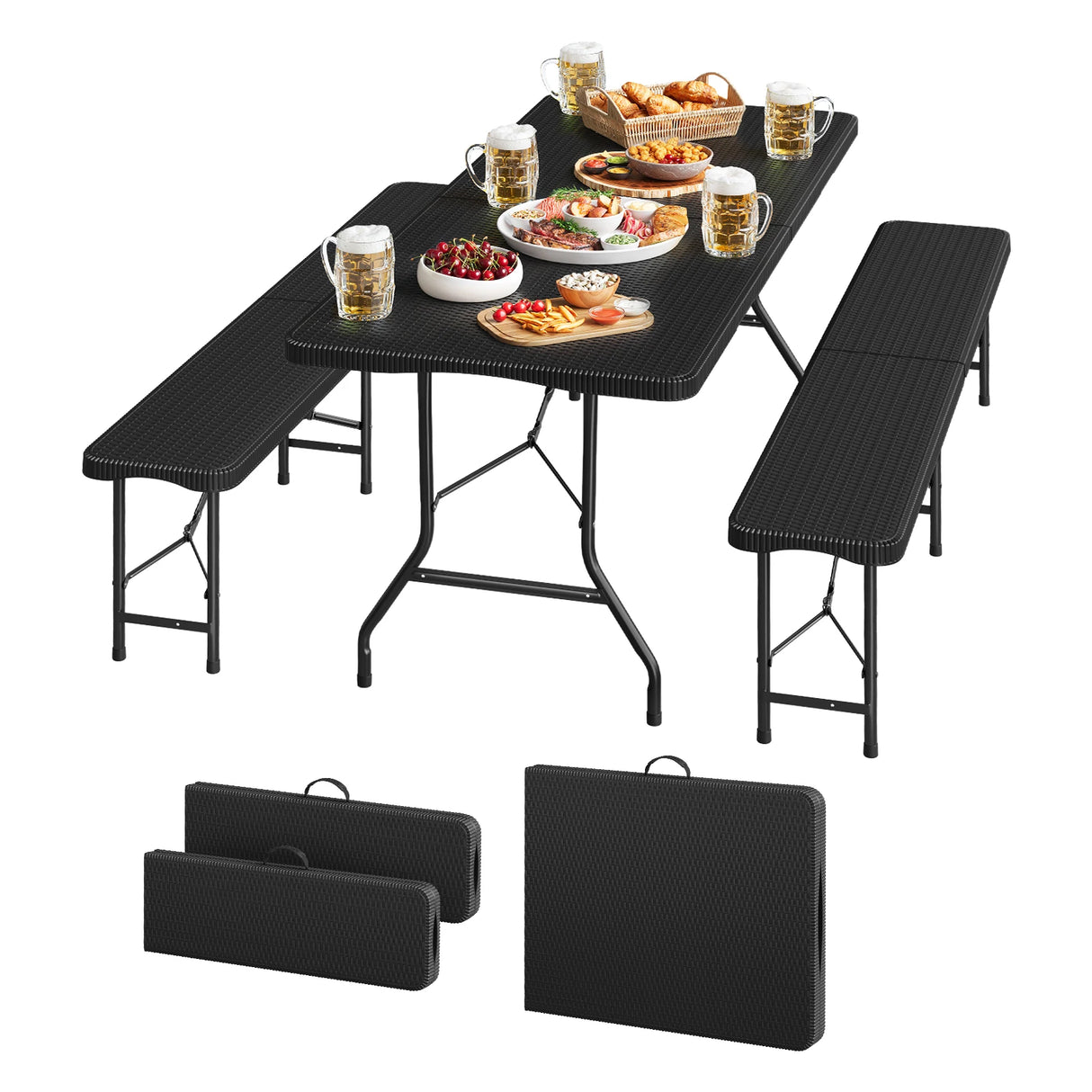 Opvouwbare picknickset van BukkitBow met 3 delen, rattan look, 180 cm lang, geschikt voor buitengebruik.