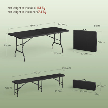 BukkitBow opvouwbare picknickset 3-delig in rattan look, 180cm, inclusief tafel en zitplaatsen voor buitengebruik.