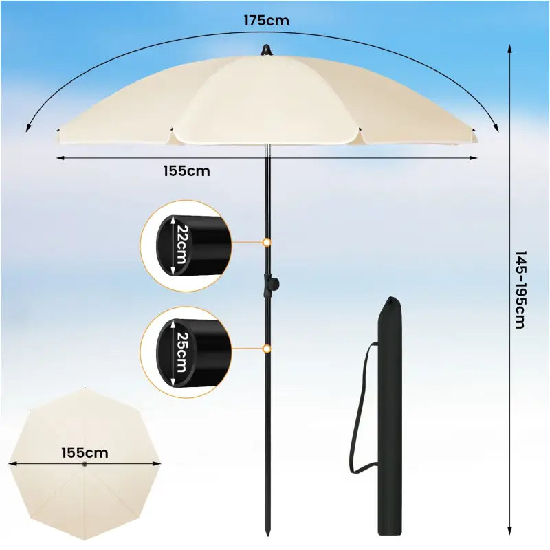BukkitBow strandparasol, UV-bestendig, rond ontwerp, hoogte verstelbaar en 45° buigbaar voor schaduw op het strand