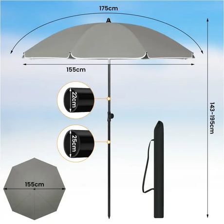 BukkitBow UV-bestendig rond strandparasol, hoogte verstelbaar en 45° buigbaar voor schaduw op het strand.