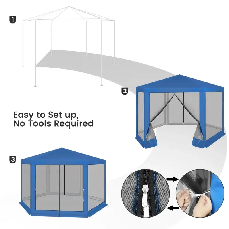 BukkitBow partytent met zijwanden, zeshoekig, blauw, zonbestendig met vliegenhor, opvouwbaar tuinpaviljoen 380x360 cm.
