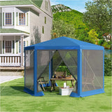 BukkitBow partytent met zijwanden, zeshoekig, opvouwbaar, zonbestendig, met vliegenhor, blauw, 380x360 cm, voor tuinfeest