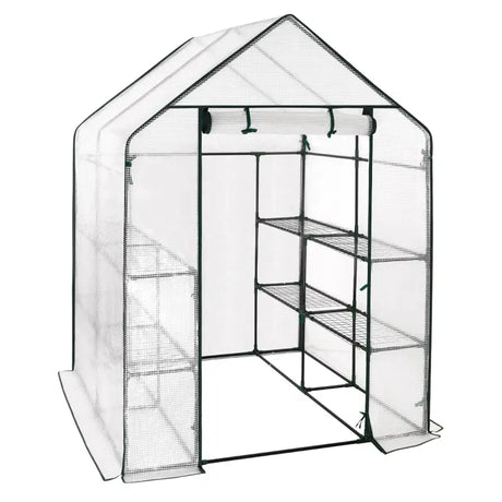 BukkitBow polytunnel tuinkas voor groenten, winterproof, compact met groot luik en drie bloemenplanken, 143x143x195 cm