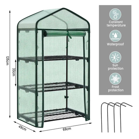 BukkitBow polytunnel tuinkas voor groenten, winterproof, compact met groot luik en drie bloemenplanken, 69x125x49 cm.