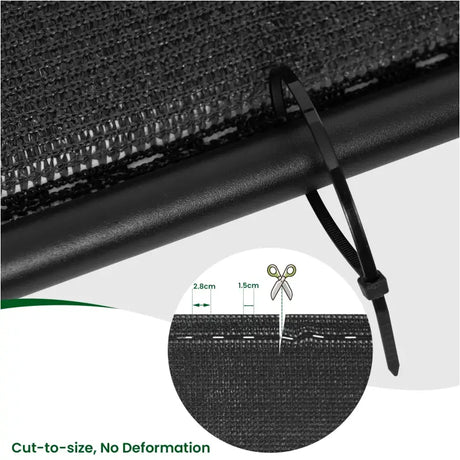 BukkitBow privacyscherm van 280 g/m² zonwering, weerbestendig, op maat knipbaar en eenvoudig te monteren in een tuin of patio.