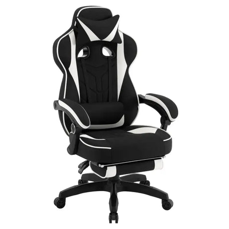 BukkitBow gamestoel in fluweel met rug- en nekkussen, voetsteun, 49 cm hoog, geschikt voor racing gaming.