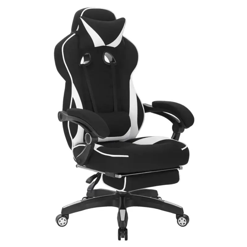 BukkitBow racing gamestoel met stoffen en leren bekleding, rug- en nekkussen, voetsteun, hoogte 45-52 cm, voor gaming en werken