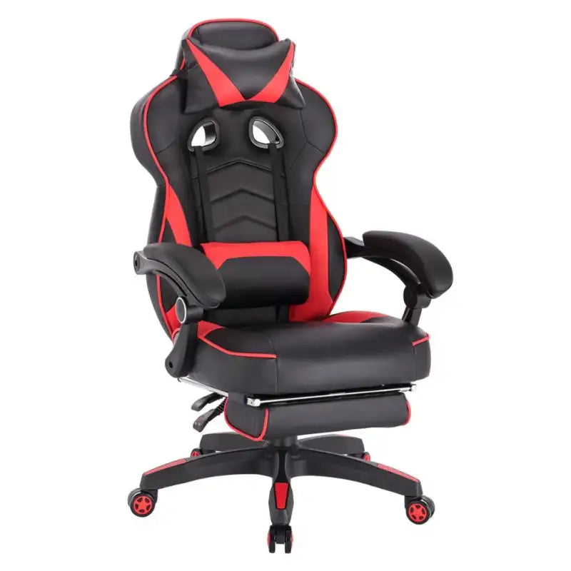 BukkitBow racestoel voor gaming, bekleed met stof of leer, met rug-, nekkussen en voetensteun, hoogte 45-52 cm.