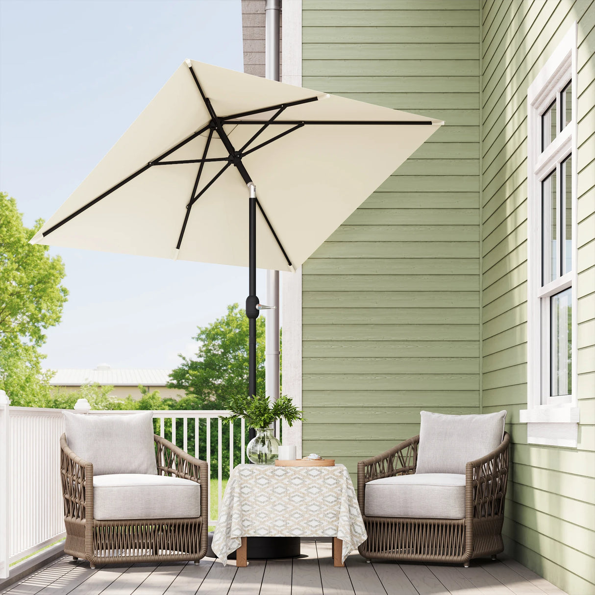 Rechthoekige BukkitBow parasol met slinger en kantelfunctie, 200x135cm, voor schaduw en comfort in de tuin
