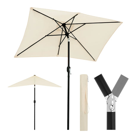 Rechthoekige BukkitBow parasol met slinger en kantelfunctie, 200x135cm, geschikt voor buitengebruik, in lichte tint.
