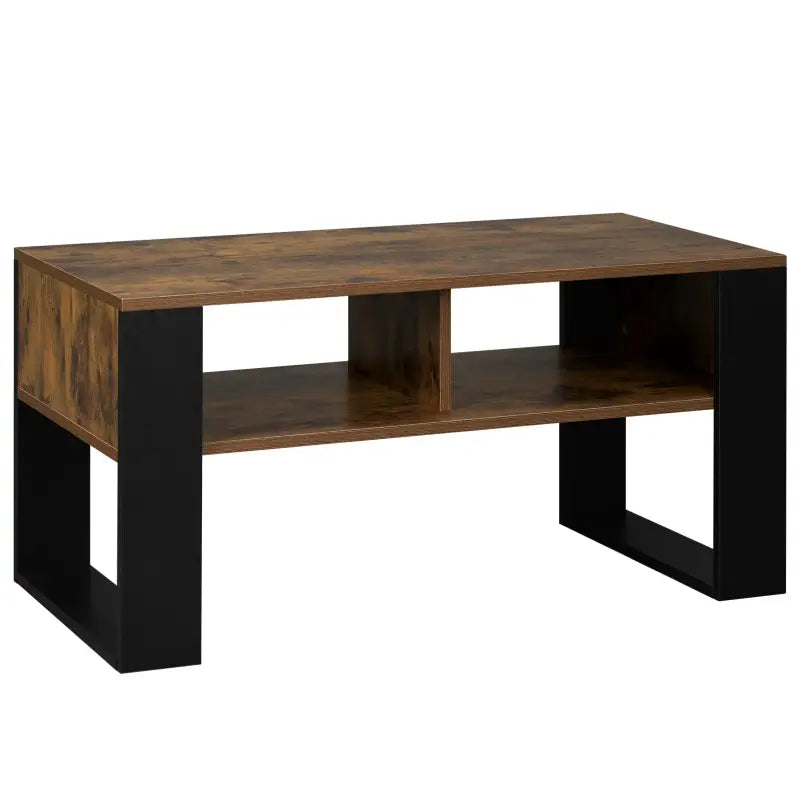 Robuuste BukkitBow salontafel van licht of donker hout met ruime opbergruimte, modern design en natuurlijke uitstraling.