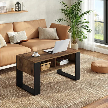 Robuuste BukkitBow salontafel van licht of donker hout met ruime opbergruimte, modern design, bijzettafel voor woonkamer.