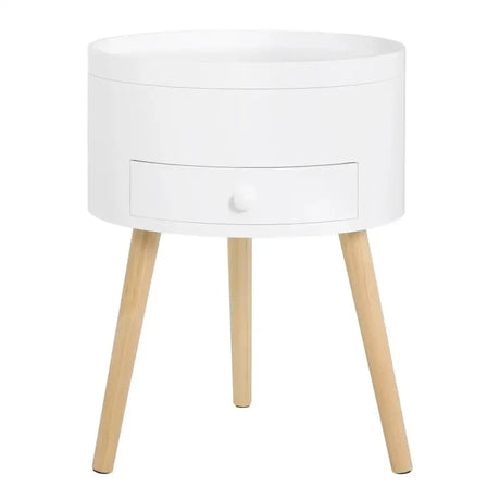 Rond BukkitBow nachtkastje van MDF en massief hout met lade en openende klep, 38x38x50cm, maximale belasting 10kg.
