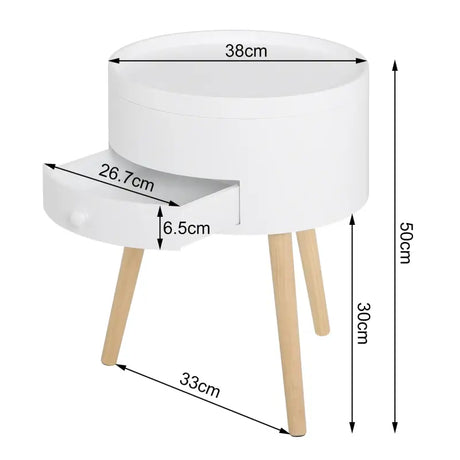 Rond BukkitBow Nachtkastje van MDF en massief hout met lade en openende klep, afmetingen 38x38x50cm, max 10kg belasting.