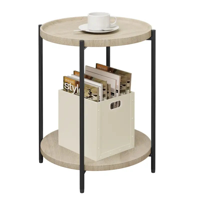 BukkitBow ronde bijzettafel met dubbele eikenhouten planken, afneembaar dienblad en opstaande rand, 40 cm doorsnede, vintage stijl
