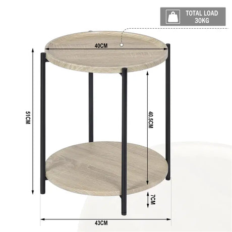 Ronde BukkitBow bijzettafel met dubbele plank, afneembaar dienblad en opstaande rand, vintage of eikenhout, 40 cm doorsnede