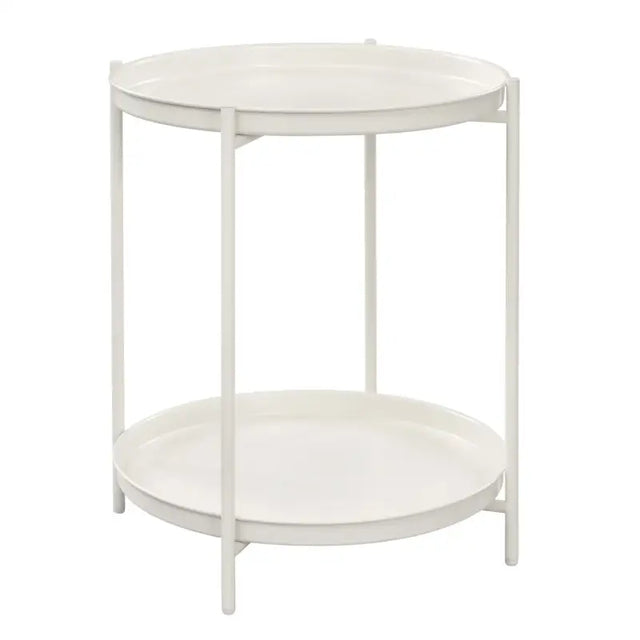 Ronde BukkitBow bijzettafel van metaal met afneembare dienbladen, diameter 44 cm, hoogte 53 cm in een moderne woonkamer.