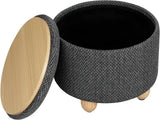 Ronde BukkitBow opbergpoef met zitkist en voetenbank, 39x39x33 cm, inklapbare deksel en opbergruimte, modern design.