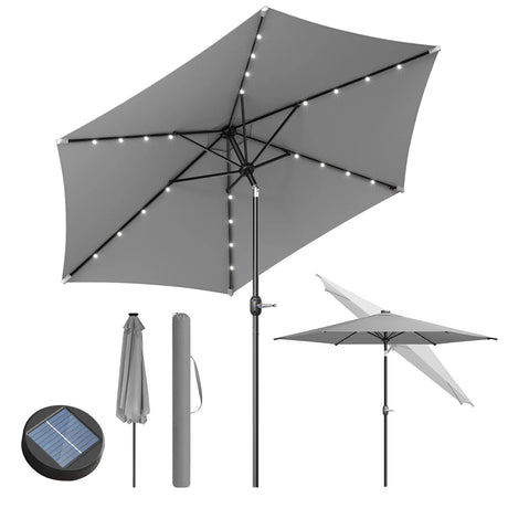 Ronde BukkitBow parasol 300cm met solar LED-verlichting en beschermhoes, geschikt voor buitengebruik, onderkant en verlichting zichtbaar.