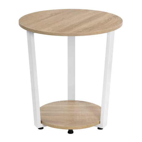 BukkitBow ronde salontafel met zwart metalen frame en twee houten planken, moderne kleine bijzettafel voor woonkamer.