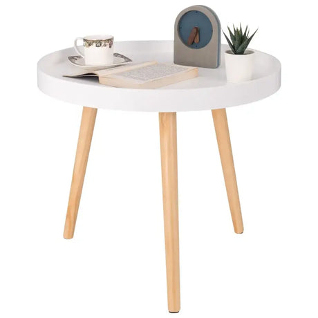 BukkitBow ronde bijzettafel met stabiele driehoekstructuur, verhoogde rand en 50 cm doorsnede, geschikt voor woonkamer decor.