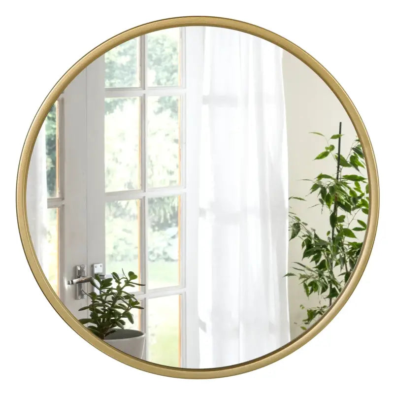 Ronde MDF spiegel van BukkitBow met metalen rand en glas, beschikbaar in 40x40, 50x50 en 60x60 cm, elegante muurdecoratie