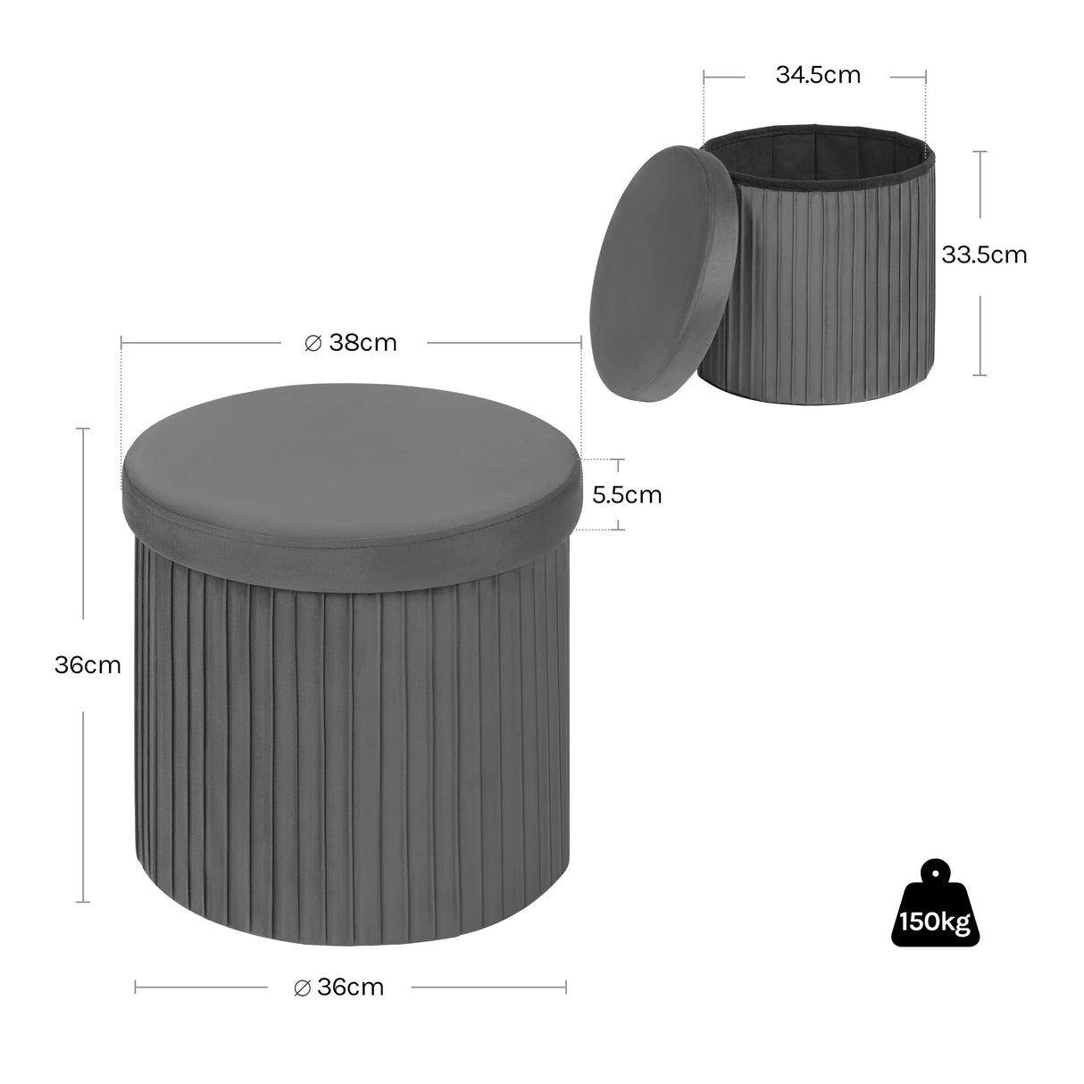 Ronde velvet opbergpoef van BukkitBow met opbergruimte, modern design, opvouwbaar en zacht aan touch, geschikt voor woonkamer of slaapkamer